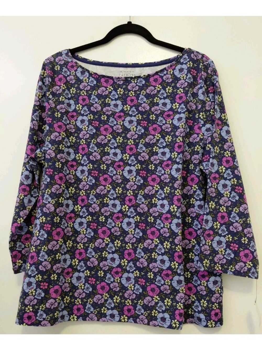 Talbots Bateau Neck Tee 3/4 Sleeves Blue & Purple Floral XL NWT